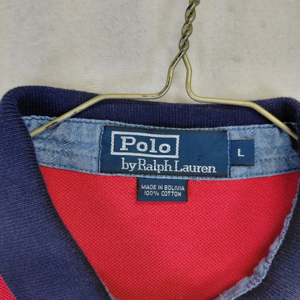 Polo Ralph Lauren Mens Large Red Navy Blue Contrast Collar Pique Polo Shirt